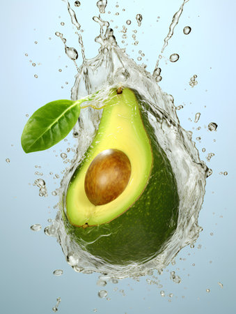 Avocado in water splash on blue background. 3d illustration.の素材