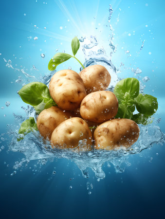 Fresh potatoes with water splash on blue background. 3d illustration.の素材