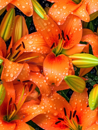 Beautiful orange lily flowers with water droplets on petalsの素材