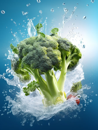Fresh green broccoli with water splash isolated on blue background. 3d illustrationの素材