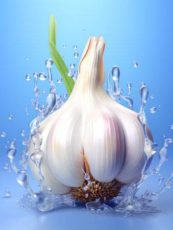 Garlic in water splashes on blue background. 3d illustrationの素材