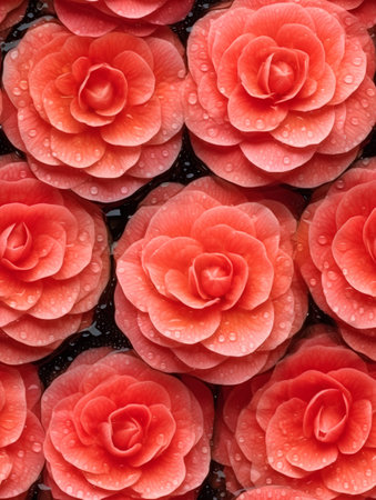 Red camellia flowers with water drops, closeup of photoの素材