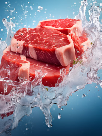 Fresh raw beef meat in water splash on blue background. 3d renderingの素材