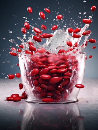 Red kidney beans falling into glass bowl with water splash on blue backgroundの素材