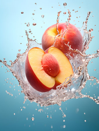 Water splash with fresh peach fruits on blue background. 3d renderingの素材