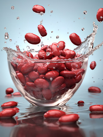 Red kidney beans in glass bowl with water splash on blue background.の素材