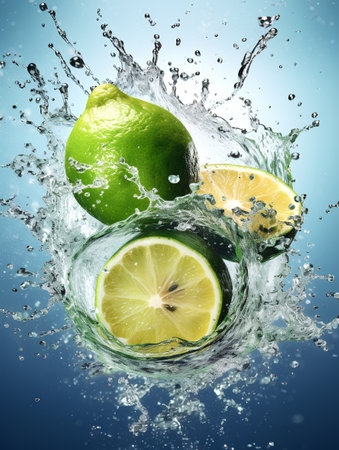 Fresh limes falling into water with splash, isolated on blue backgroundの素材