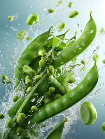 Fresh green peas with water splashes on blue background, closeupの素材