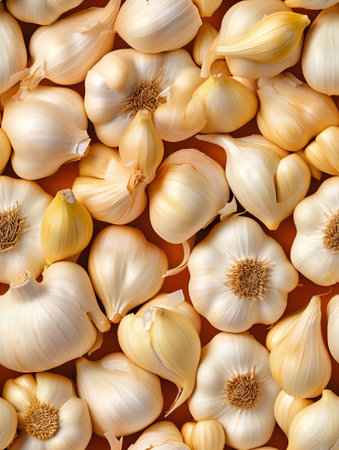 Garlic background. Top view. Flat lay. Food background.の素材