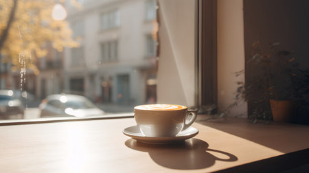 Coffee cup on the table in front of the window in the morningの素材