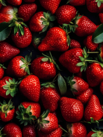 Strawberry background. Fresh strawberries with leaves on a dark background.の素材