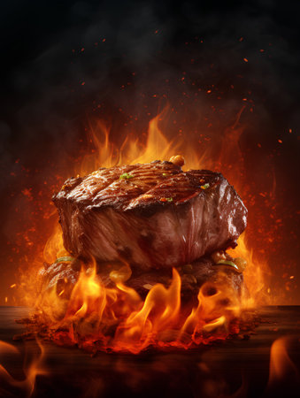 Grilled beef steak on wooden table with flames and smoke background.の素材