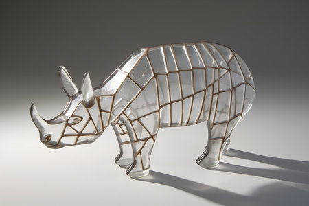 Silver rhinoceros made of glass on a gray background.の素材