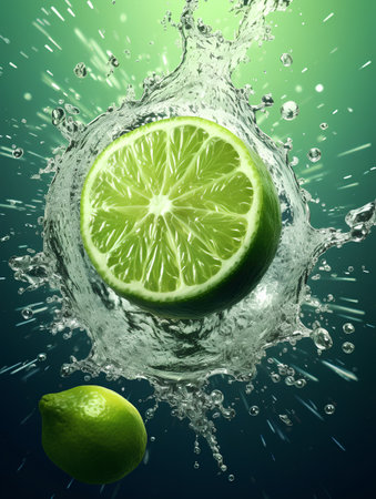 Fresh lime with water splash on a green background. 3d renderingの素材