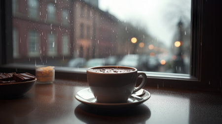 Cup of coffee on a table at the window in rainy dayの素材