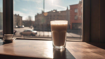Coffee in a tall glass on the background of the cityの素材