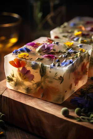 Handmade soap with wildflowers on a wooden background. Selective focus.の素材