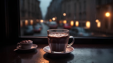 Coffee cup and saucer on the windowsill in the rainの素材