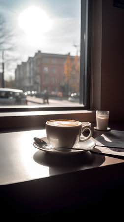 Cup of coffee on the windowsill in the morning light.の素材