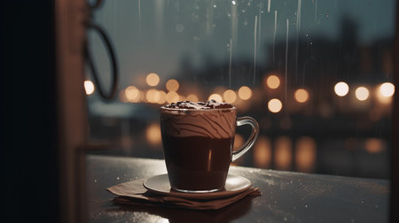 Hot chocolate with marshmallows in a glass on the background of the cityの素材