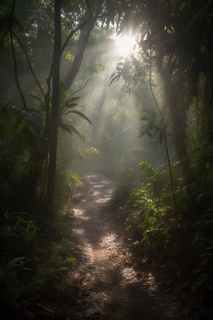 Path in the jungle with sunbeams and lens flare. Nature backgroundの素材