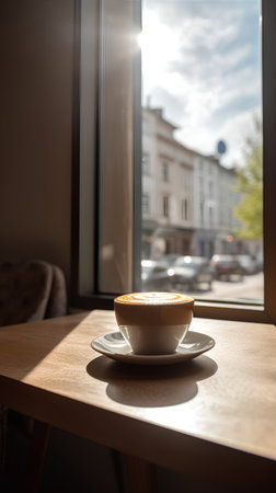 Cup of coffee on a wooden table in a cafe with city viewの素材