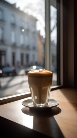 Cappuccino in a white cup on the windowsill.の素材