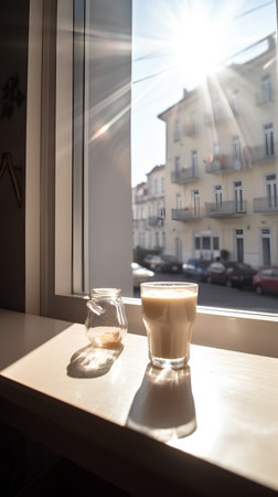 Two glasses of cappuccino on the windowsill in the morningの素材