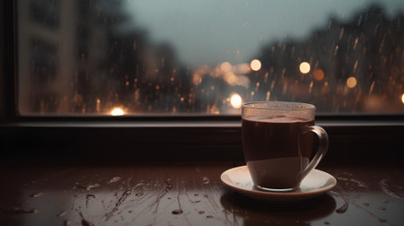 Cup of coffee on the background of the window in the rainの素材