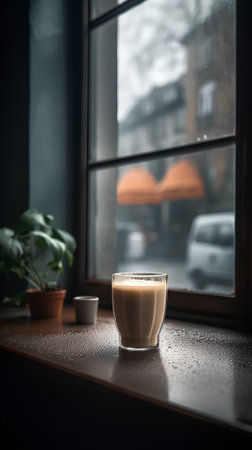 Coffee in a glass on the windowsill in a cafeの素材