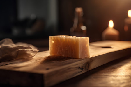 handmade soap on a wooden board with burning candles in the backgroundの素材