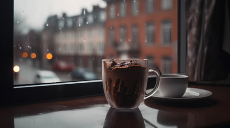 Cup of coffee on the table in front of window with raindropsの素材