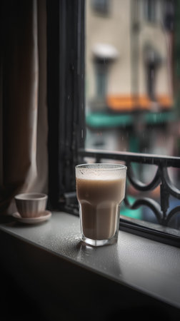 A cup of coffee on the windowsill in the cafe. Selective focus.の素材