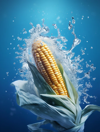 Fresh corn with water splash on blue background. 3d illustration.の素材