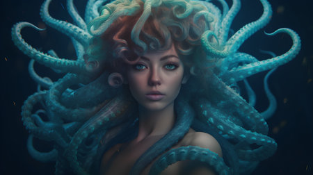 Beautiful girl with blue curly hair and an octopus on a dark backgroundの素材