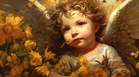 Angel with yellow flowers in a meadow. 3d illustration.の素材