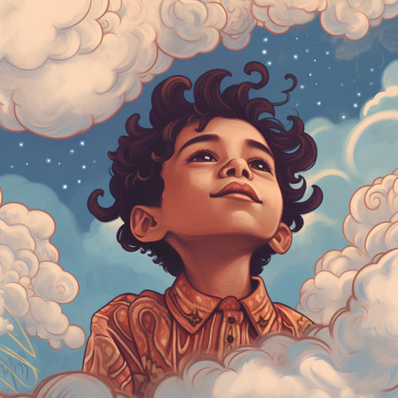 Cartoon illustration of a young man in the sky with clouds.の素材
