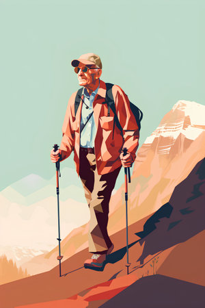 Hiking man in mountains. Vector illustration in a flat style.の素材