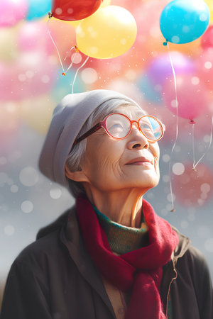 Portrait of senior woman with balloons on blurred bokeh backgroundの素材