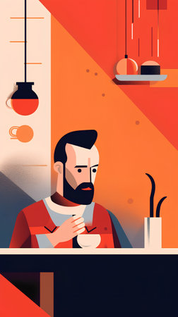 Hipster man sitting in cafe and drinking coffee. Vector illustrationの素材