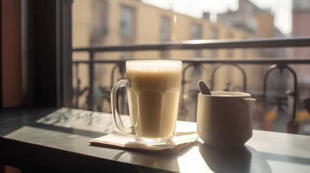 Coffee in a glass cup on the background of the windowの素材