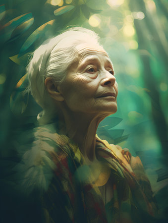 Portrait of an elderly woman in the forest. Selective focus.の素材