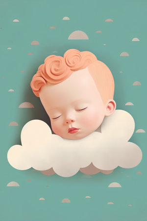 Cute baby sleeping in the clouds. Paper cut and craft style.の素材