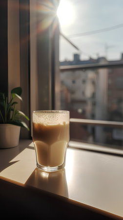 Coffee in a glass on the windowsill with sunlight.の素材