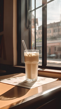 Coffee in a glass on a table in a cafe.の素材