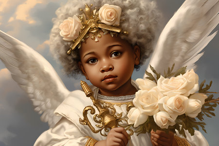 3d rendering of a beautiful African American girl angel with a bouquet of rosesの素材