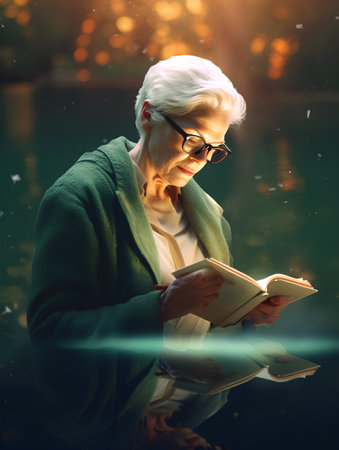 Beautiful senior woman reading a book. Portrait of a happy elderly woman in glasses.の素材