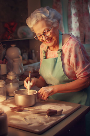 Elderly woman cooking in the kitchen. Happy senior woman baking cake.の素材