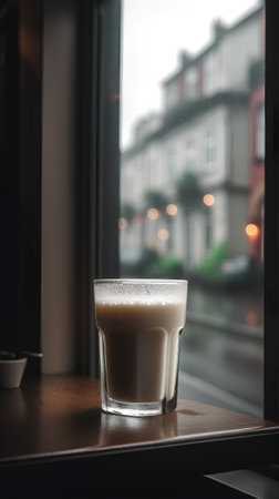 A glass of milk on a wooden table in front of a windowの素材
