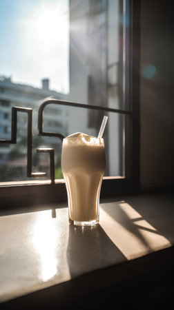 Iced cappuccino coffee in a glass on the window with sunlightの素材